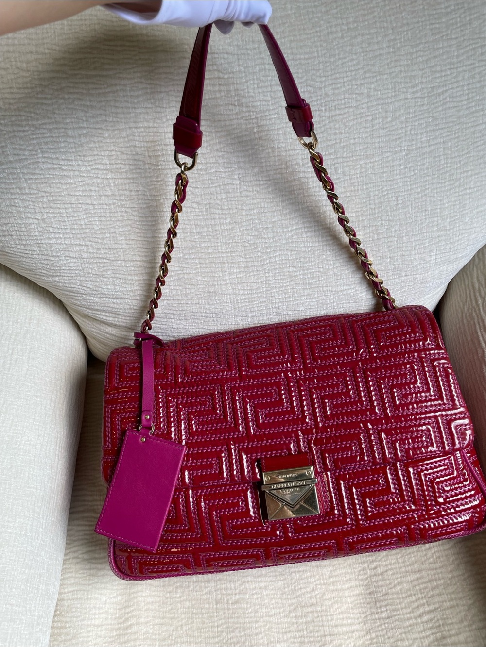 Gianni Versace Vintage Quilted Patent Shoulder Bag in Deep Fuchsia